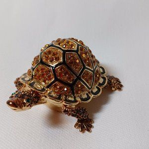 Jeweled Lidded Gold Tone Turtle Box